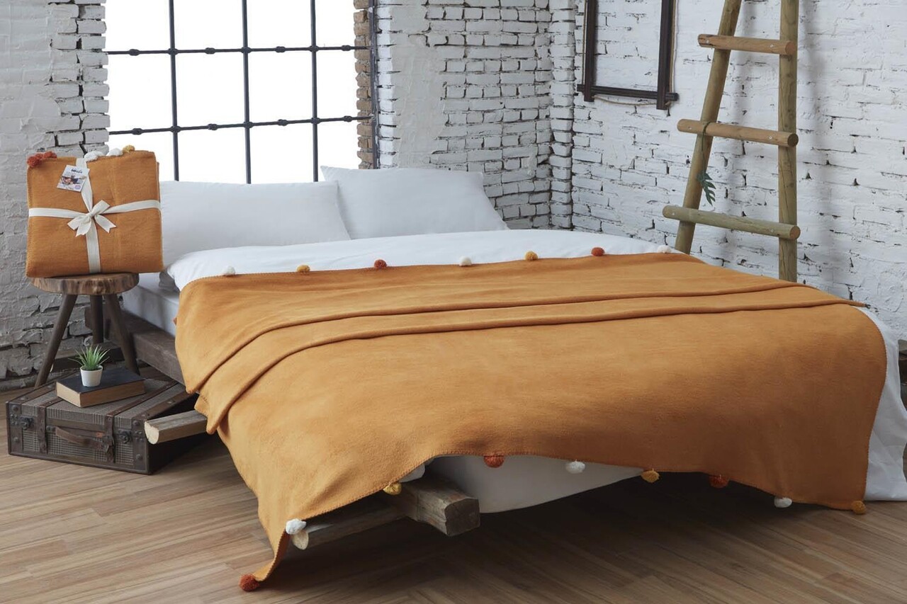 Patura Single, L'essentiel Maison, Pom Pom, Galben mustar - imagine 3